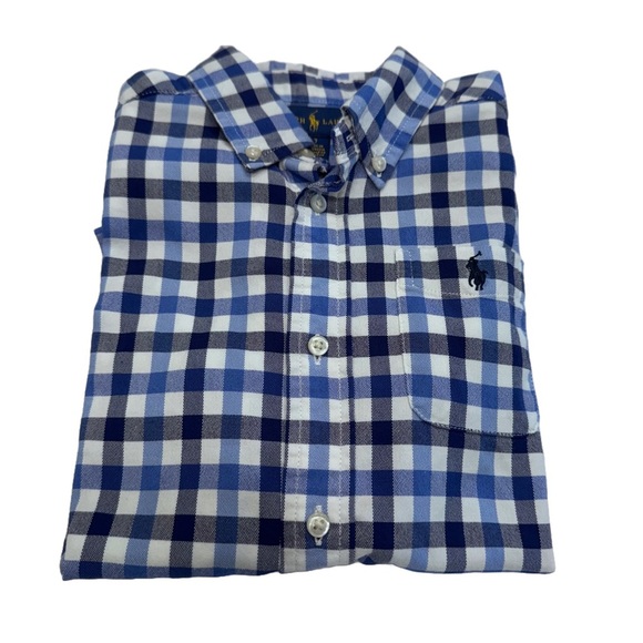 Polo Ralph Lauren Boys Short sleeve Button Down Shirt size 7 Checkered Blue - Picture 1 of 10